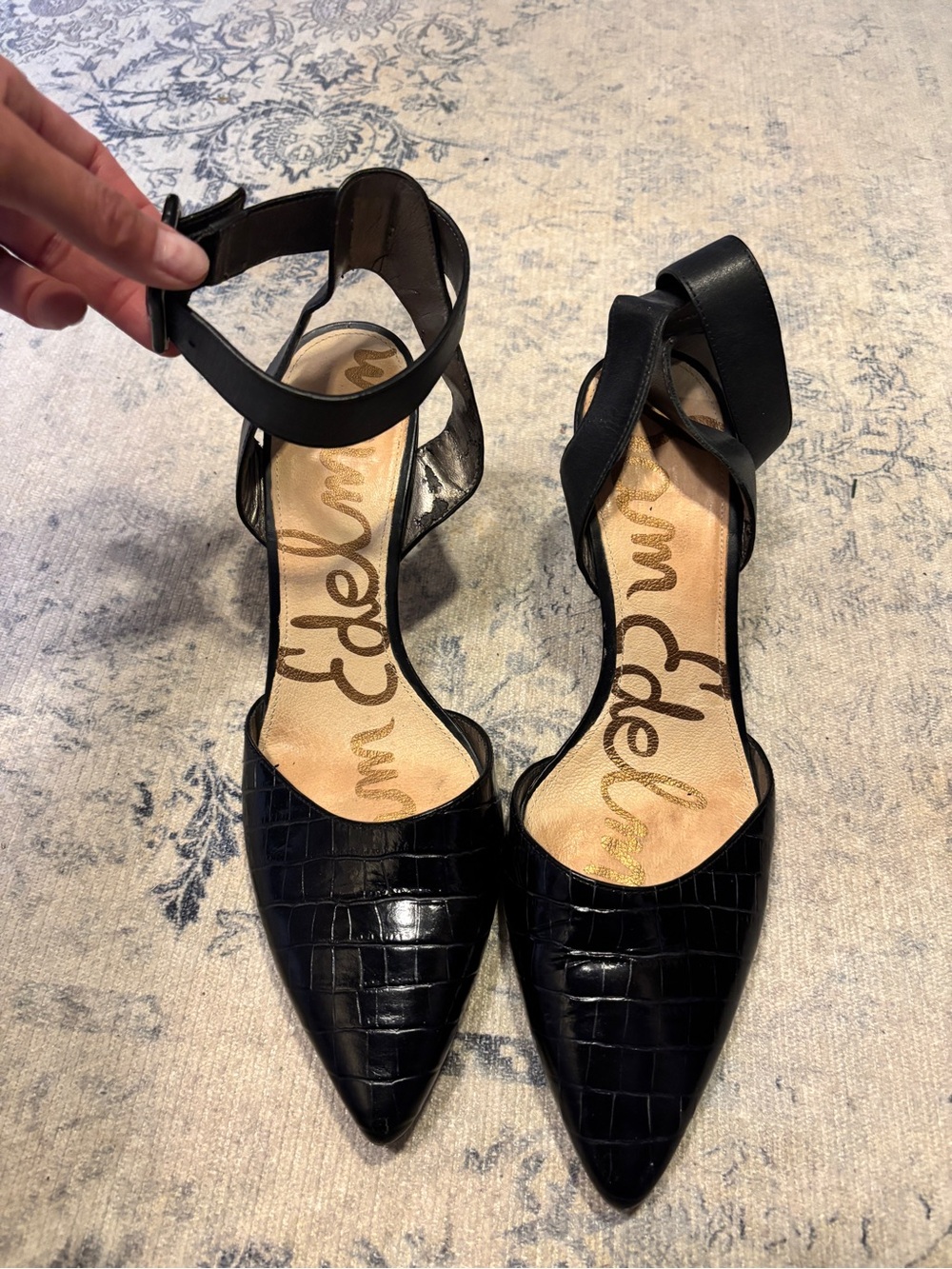 Sam Edelman Black Croc-Embossed Pointed-Toe Ankle-Strap Heels